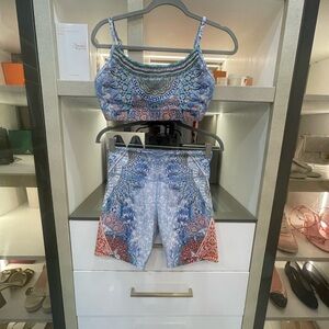 Camilla Blue and Red Patterned Sports Bra and Biker Shorts Size Medium